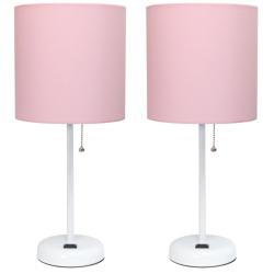 19.5" White Table Lamp Two Pack Set with Power Outlet, Light Pink Shad