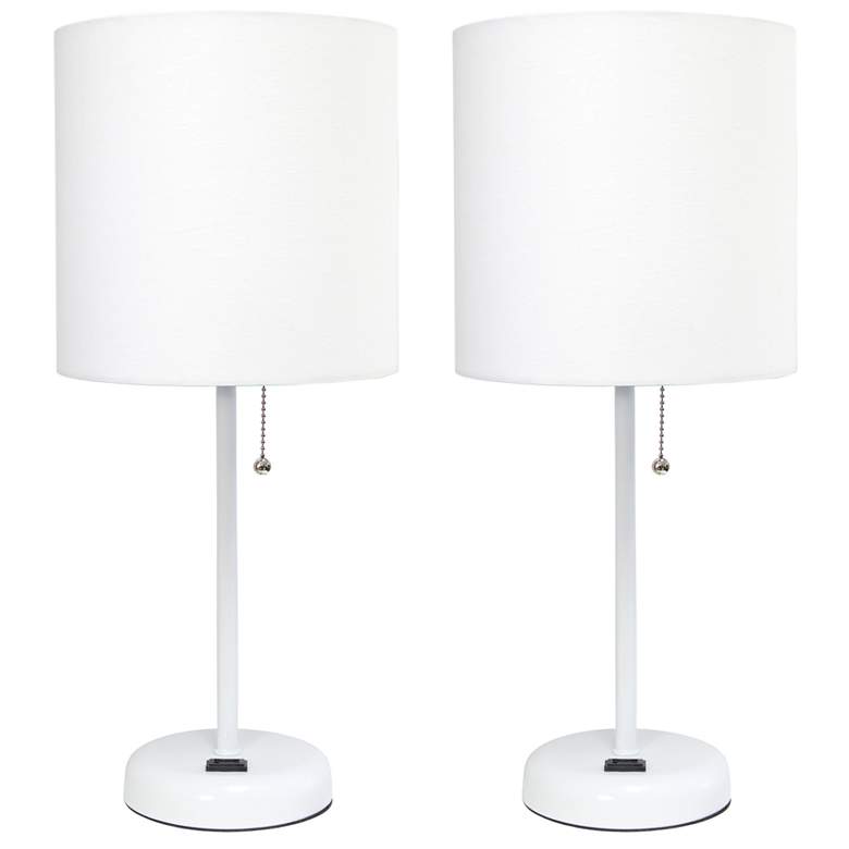 Image 1 19.5" White Table Lamp Two Pack Set with Power Outlet, White Shades