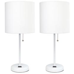 19.5" White Table Lamp Two Pack Set with Power Outlet, White Shades