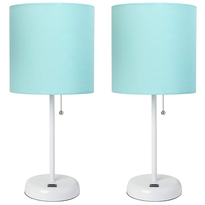 Image 1 19.5" White Table Lamp Two Pack Set with USB Port, Aqua Shades