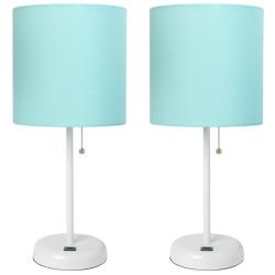 19.5" White Table Lamp Two Pack Set with USB Port, Aqua Shades