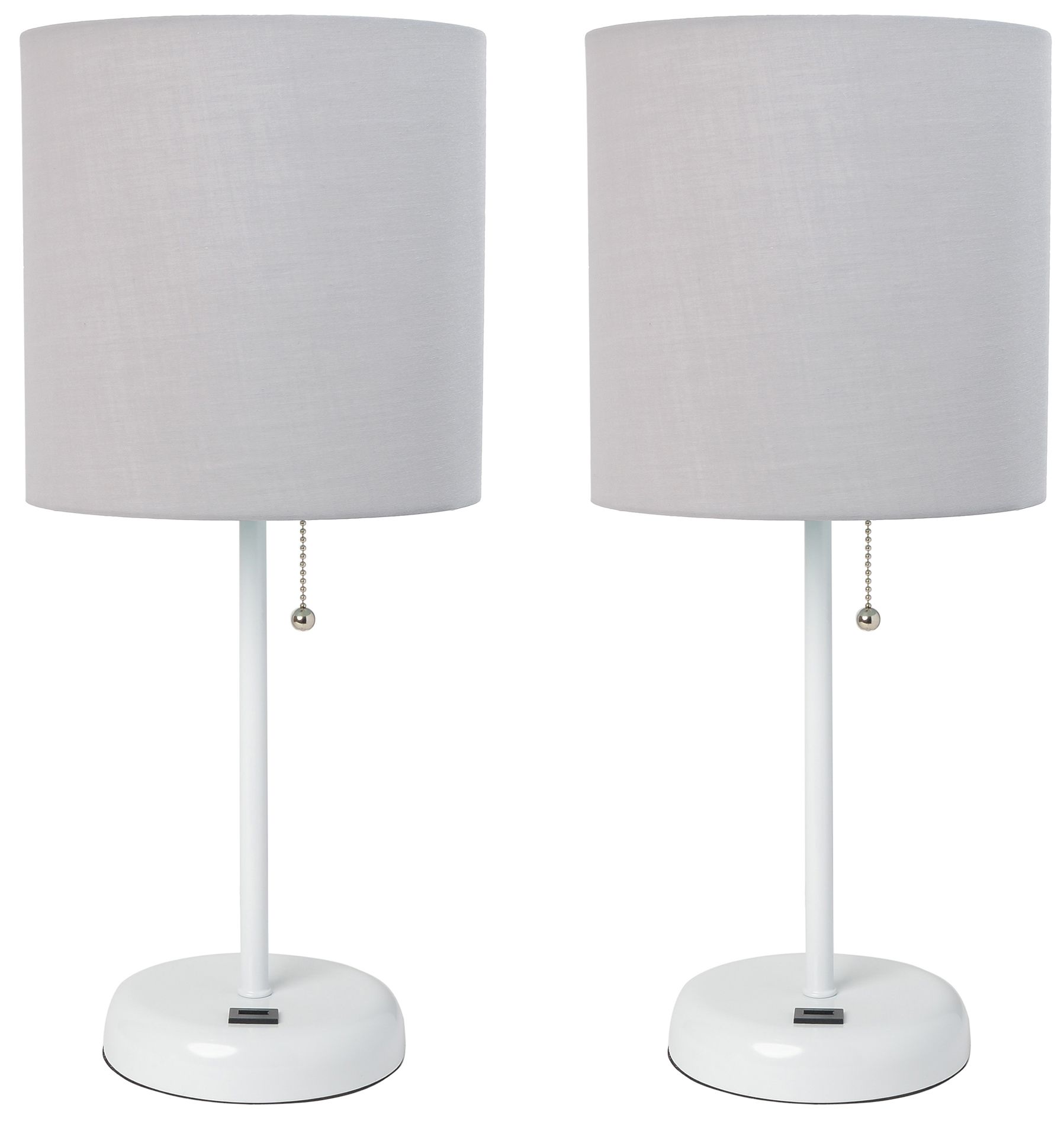 19.5" White Table Lamp Two Pack Set with USB Port, Gray Shades