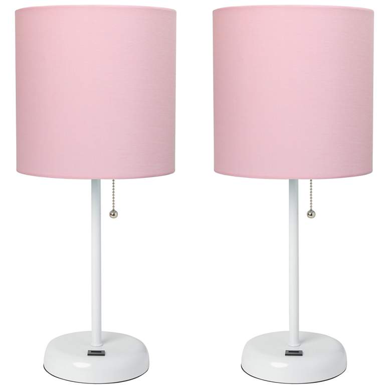 Image 1 19.5" White Table Lamp Two Pack Set with USB Port, Light Pink Shades