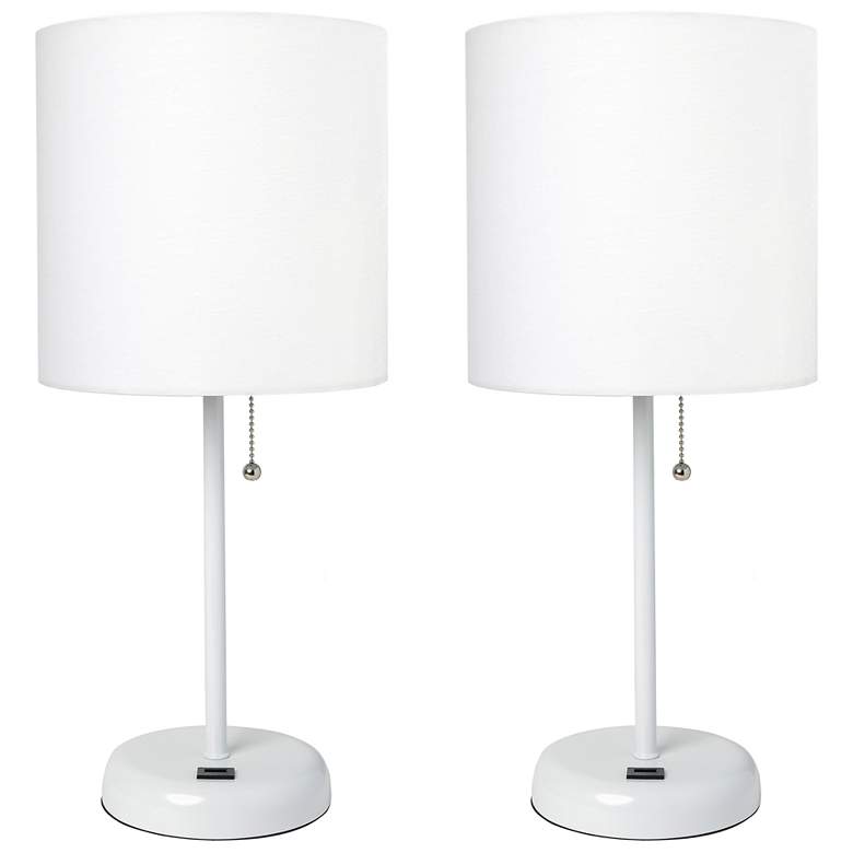 Image 1 19.5" White Table Lamp Two Pack Set with USB Port, White Shades