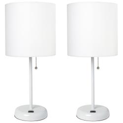 19.5" White Table Lamp Two Pack Set with USB Port, White Shades
