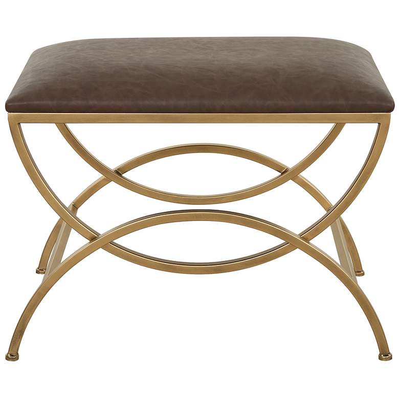 Image 2 19 1/2" High Brass Metal with Cocoa Brown Upholstered Seat Bench