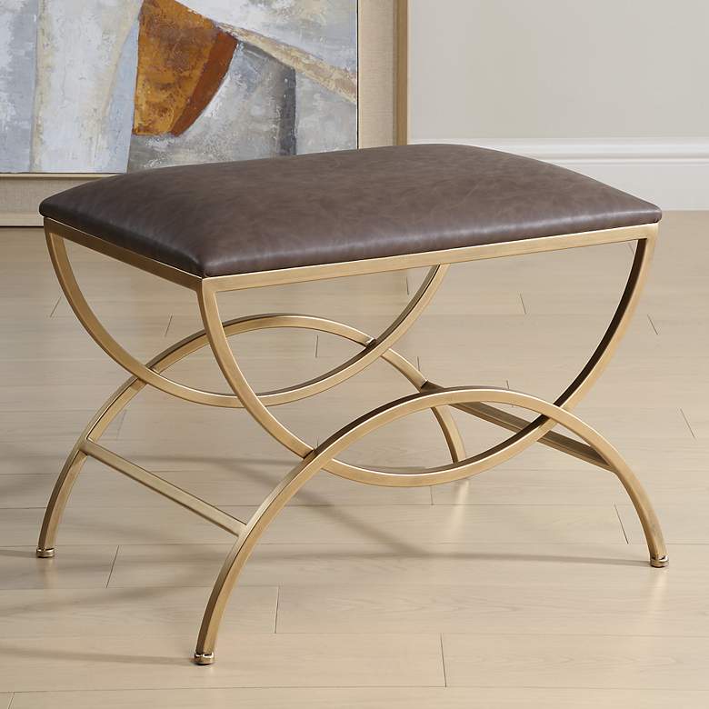 Image 1 19 1/2" High Brass Metal with Cocoa Brown Upholstered Seat Bench