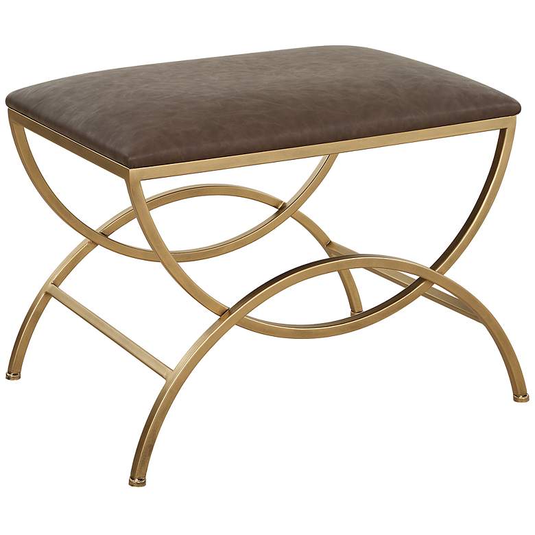 Image 4 19 1/2" High Brass Metal with Cocoa Brown Upholstered Seat Bench more views