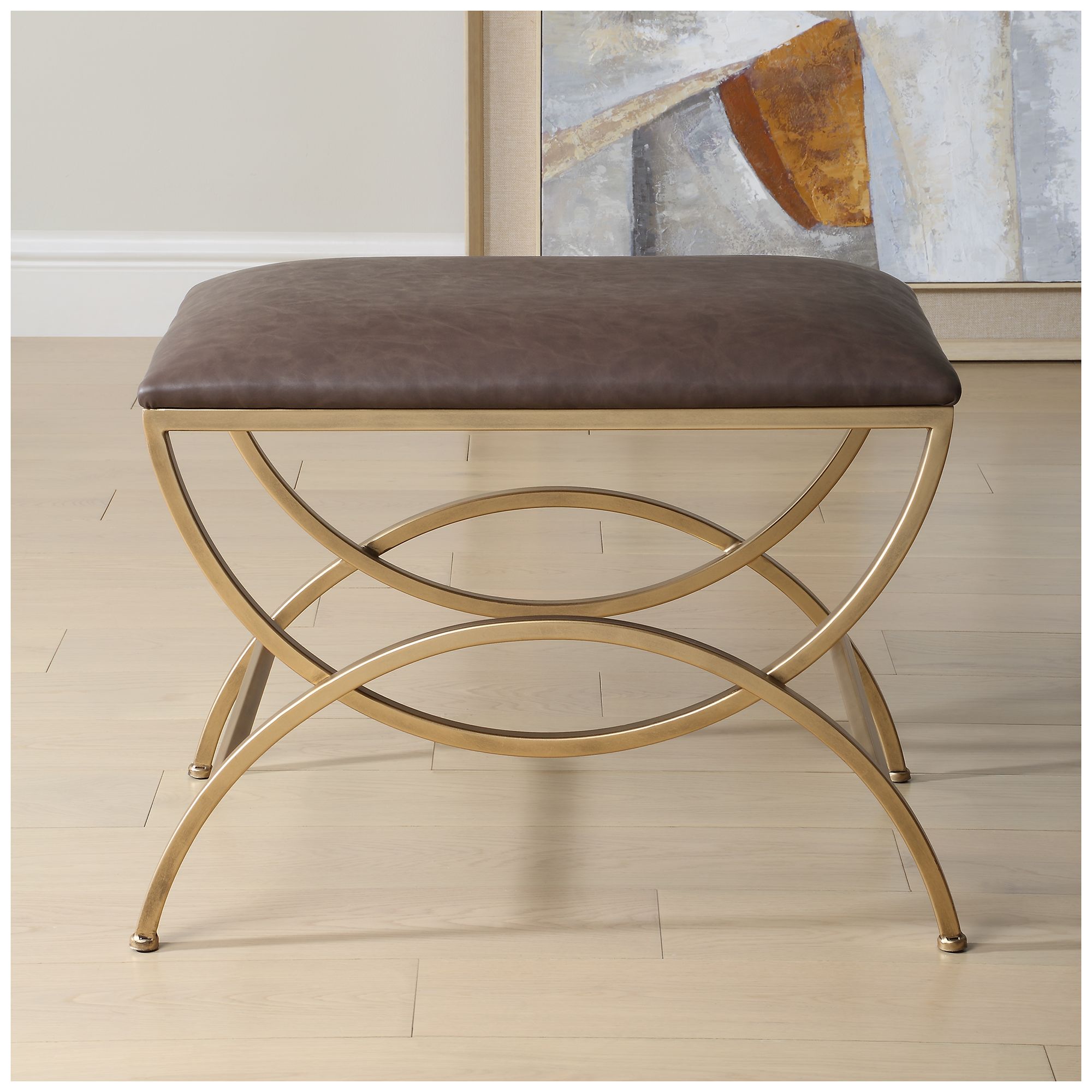 Image 3 19 1/2" High Brass Metal with Cocoa Brown Upholstered Seat Bench more views