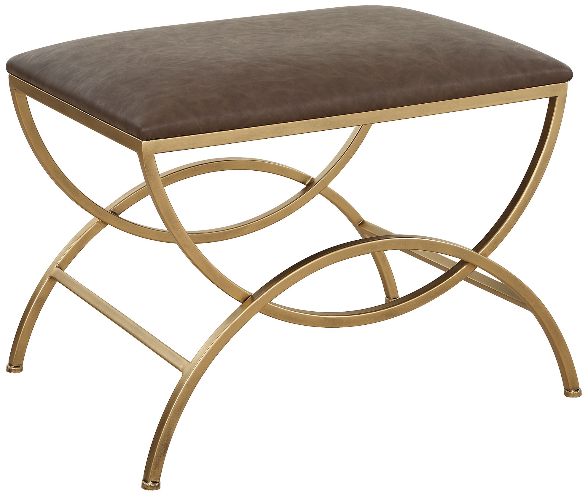 Image 4 19 1/2" High Brass Metal with Cocoa Brown Upholstered Seat Bench more views