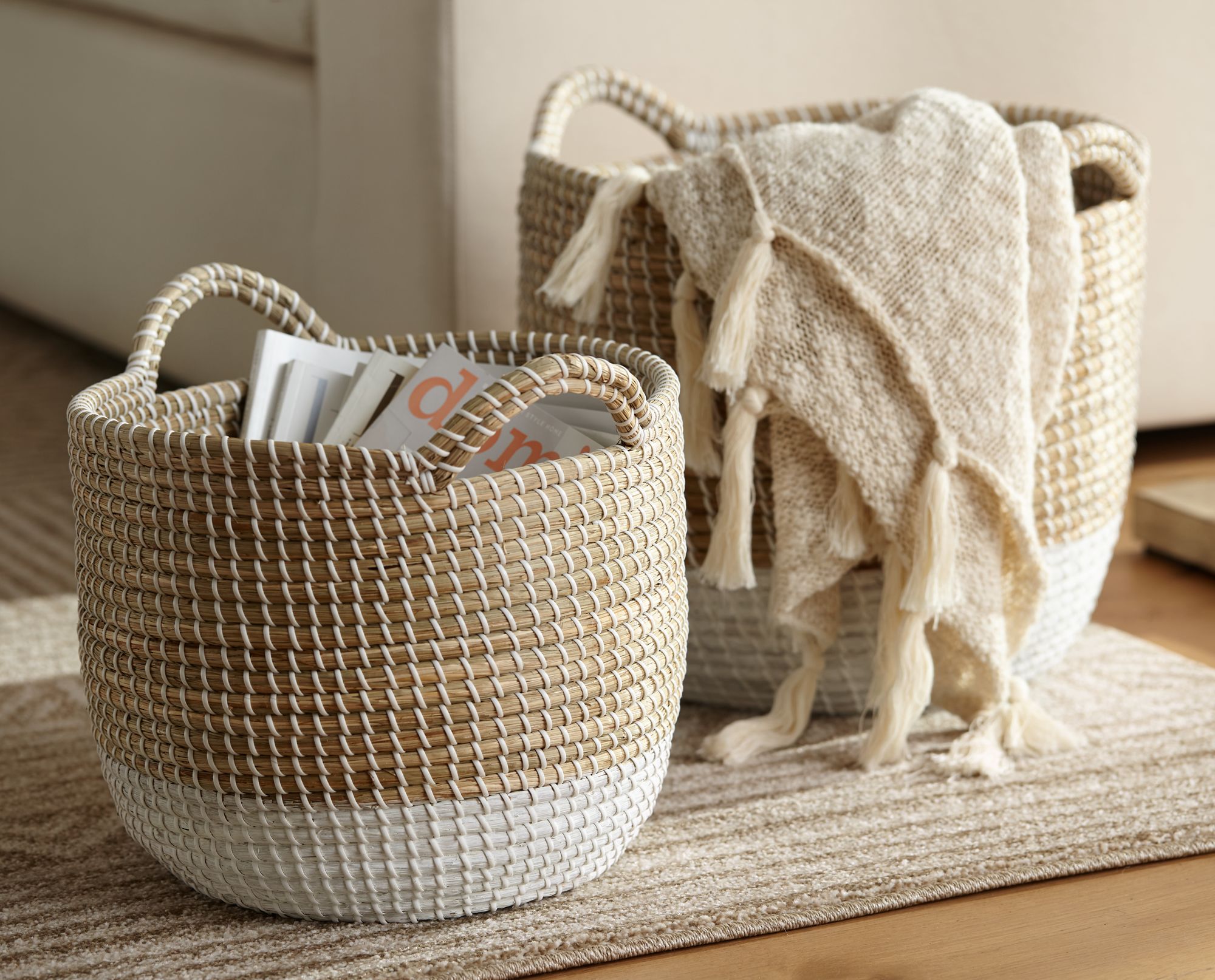 Image 1 Seagrass Round 3-Piece 2-Tone White Woven Basket Set in scene