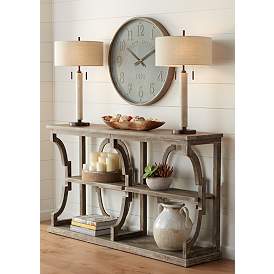 Image1 of Franklin Iron Works Hugo Rustic Modern Wood Pull Chain USB Table Lamp in scene