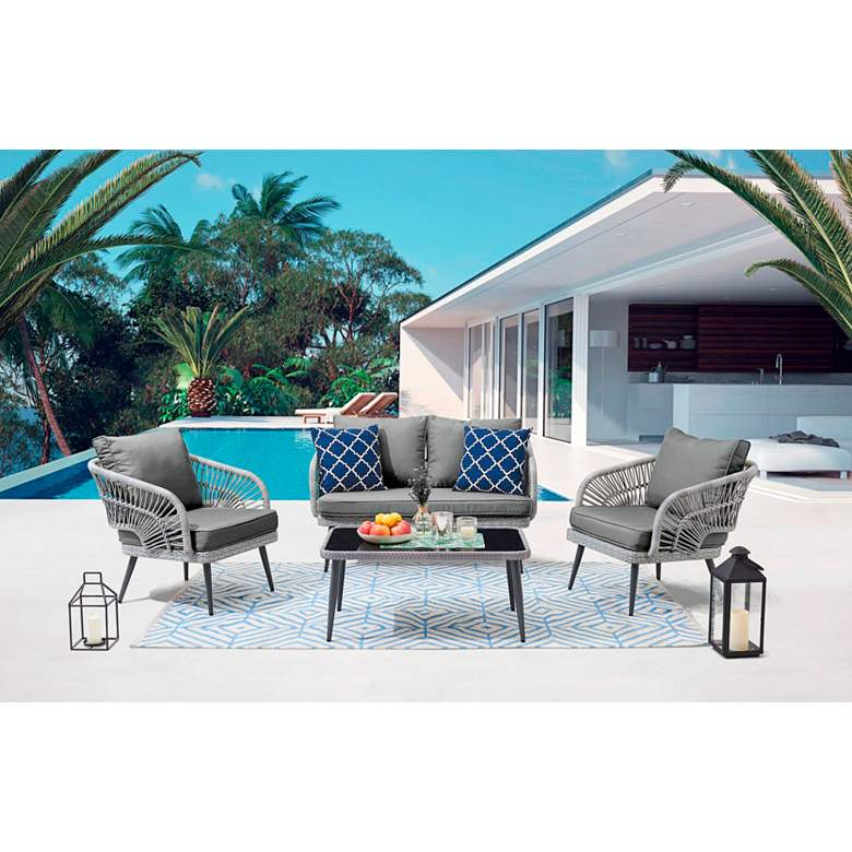 Image 1 Riviera Rope Wicker 4-Piece 4-Seat Patio Set w/ Gray Cushion in scene