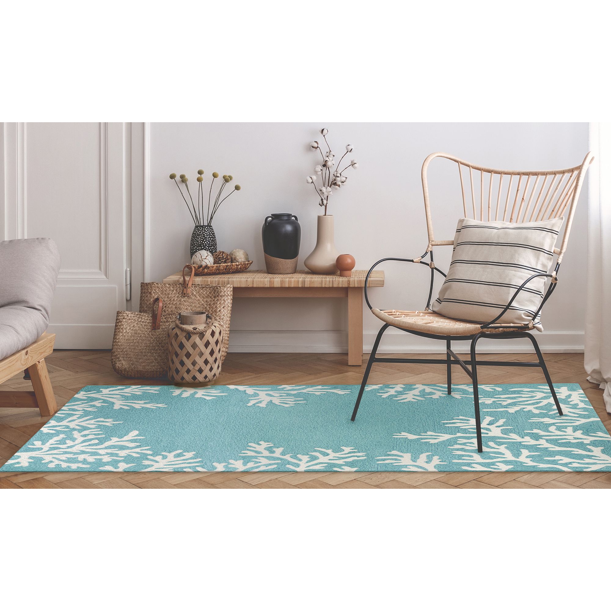 Thumbnail1 of Capri Coral Border 162004 7'6"x9'6" Aqua Outdoor Area Rug in scene