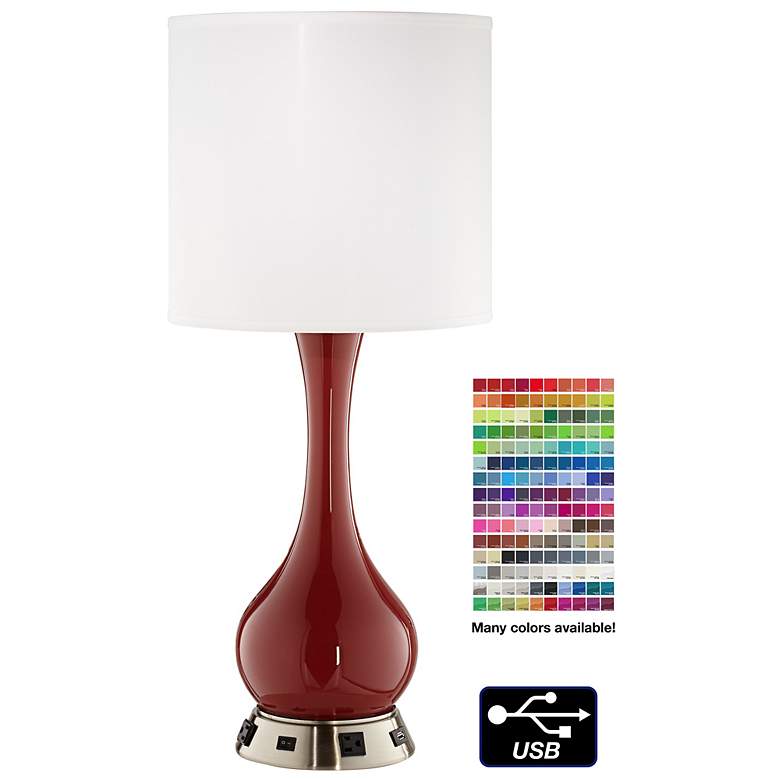 Image 1 1V745 - Brushed Nickel and Red Glass Table Lamp W/ USB