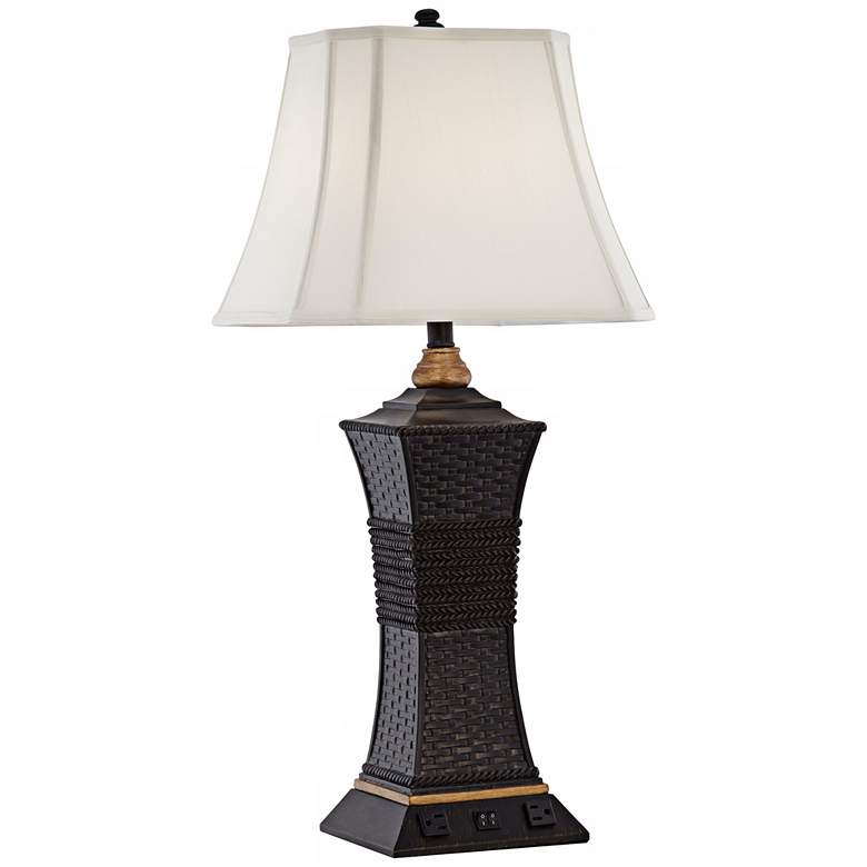 Image 1 1V882 - Walnut Mist Rattan Texture Table Lamp W/ Outlets