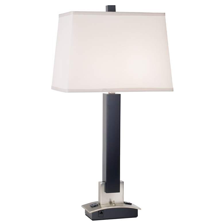 Image 1 1V888 - Matte Black Wood Column Table Lamp W/ Outlets