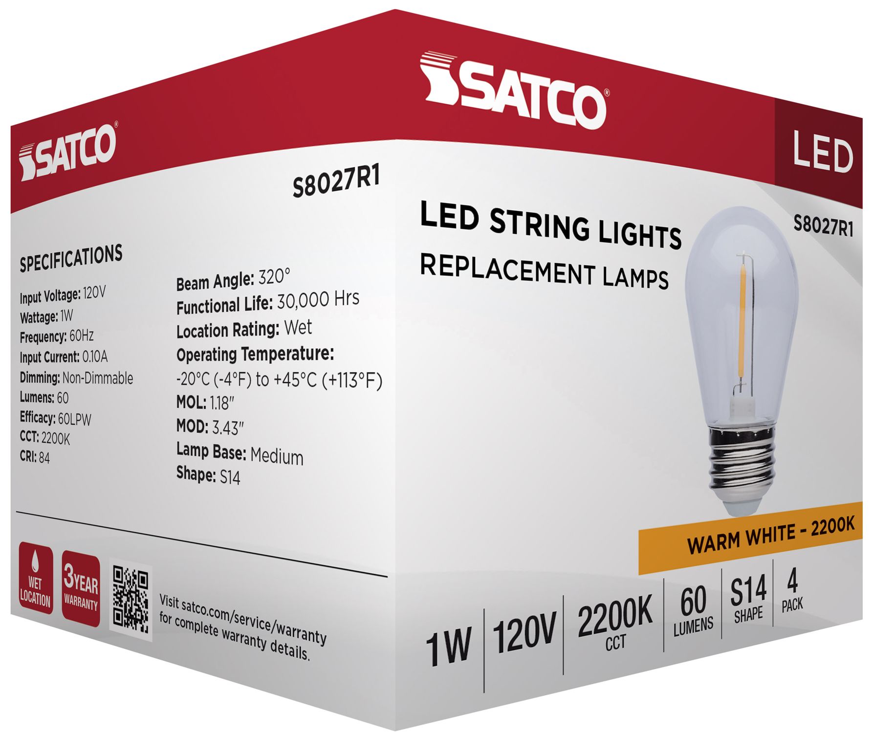 1W S14 Standard Base String Light Replacement LED Bulbs 4-Pack by Satco