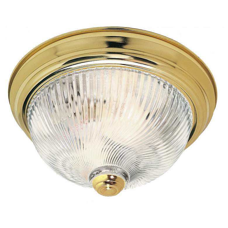Image 1 2 Light - 11" Flush with Clear Ribbed Swirl Glass - Polished Brass Fin