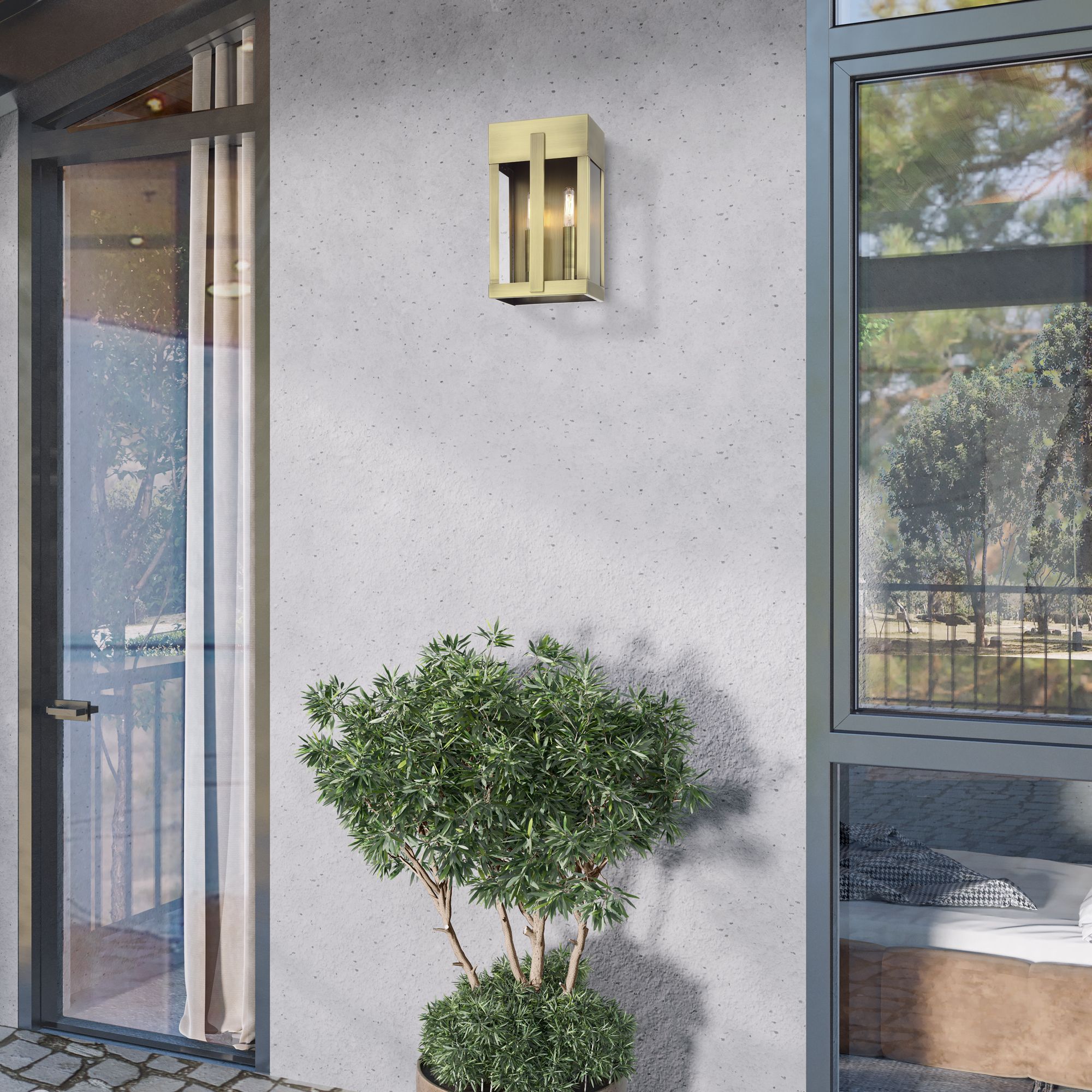 2 Light Antique Brass Medium Outdoor Wall Lantern with Clear Glass