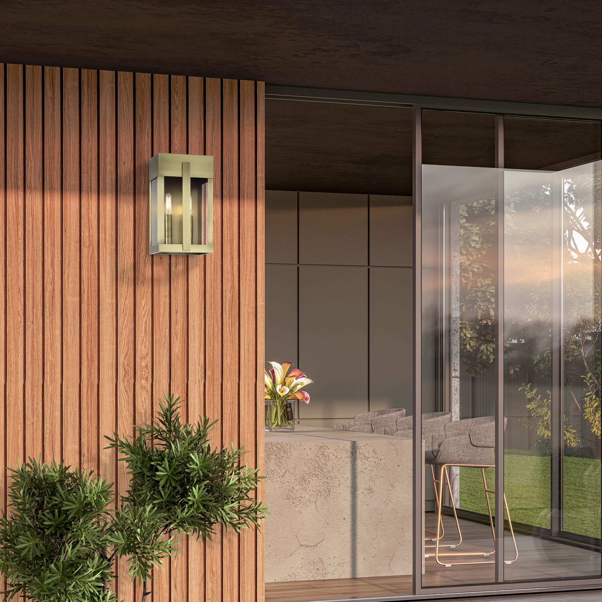 2 Light Antique Brass Medium Outdoor Wall Lantern with Clear Glass