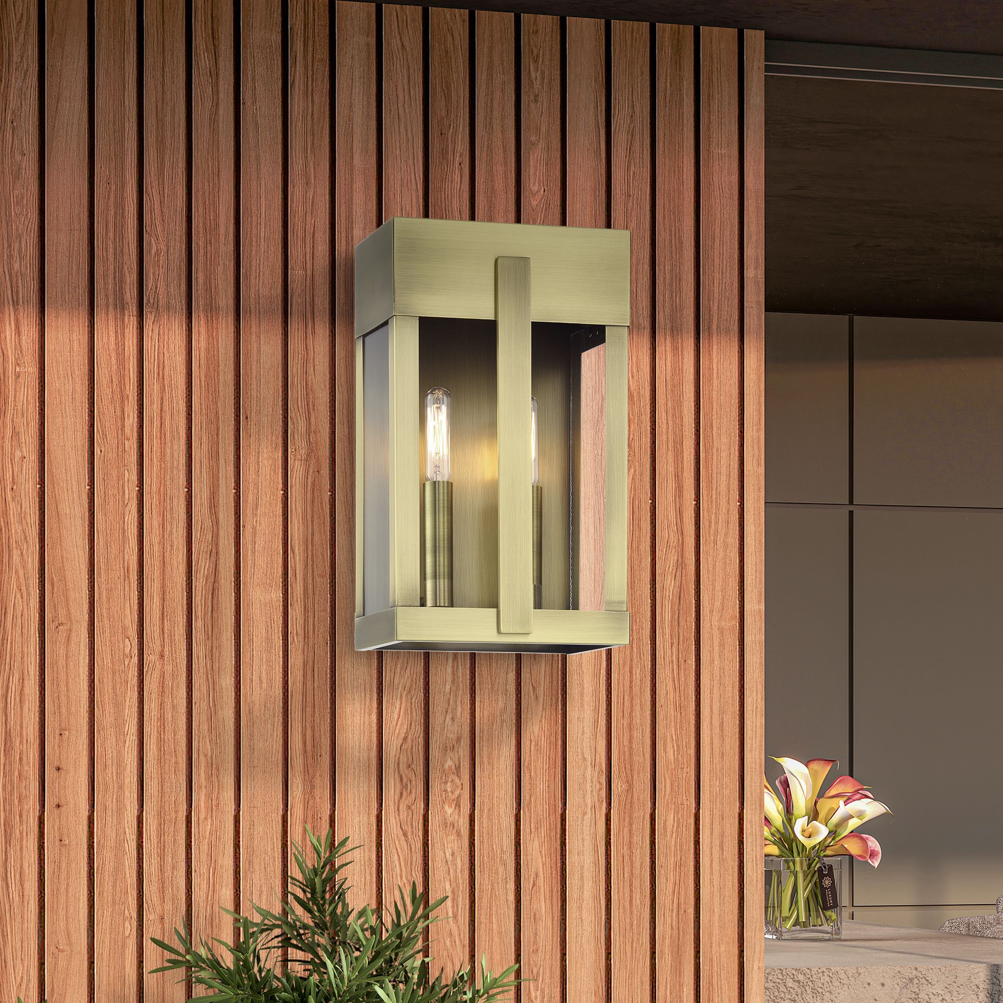 2 Light Antique Brass Medium Outdoor Wall Lantern with Clear Glass