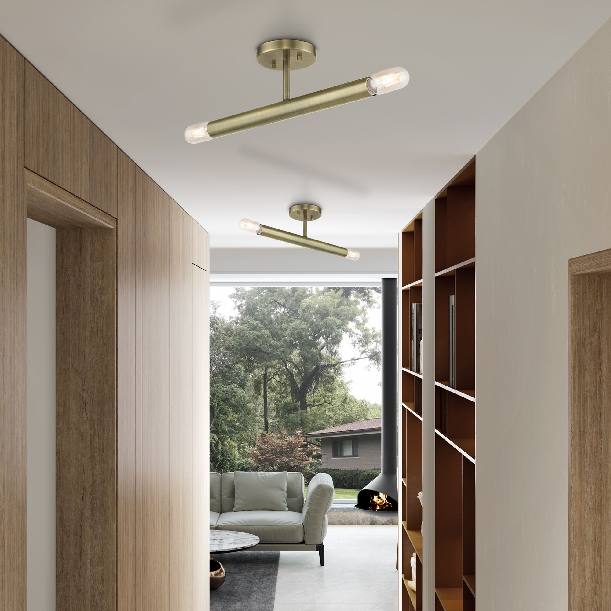 2 Light Antique Brass Semi-Flush