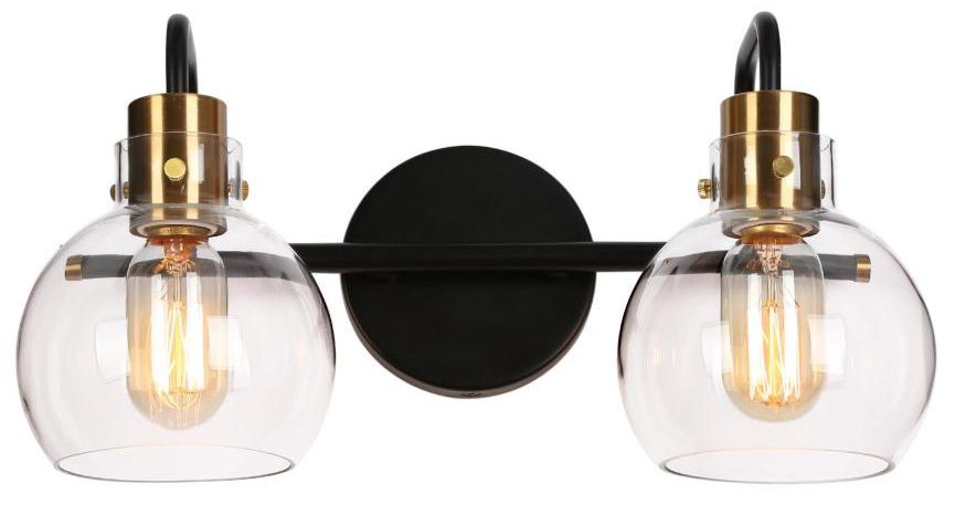 2-Light Black and Brass Bathroom Vanity Light