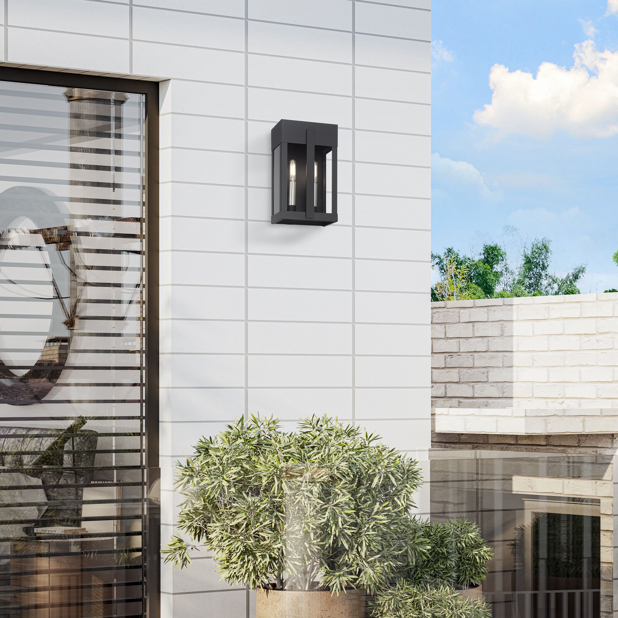 2 Light Black Medium Outdoor Wall Lantern with Brushed Nickel Candles