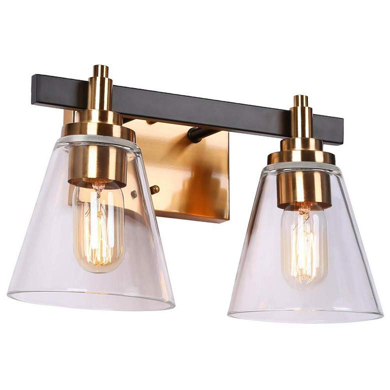 Image 1 2-Light Brass Gold Bathroom Vanity Light with Cone Clear Glass