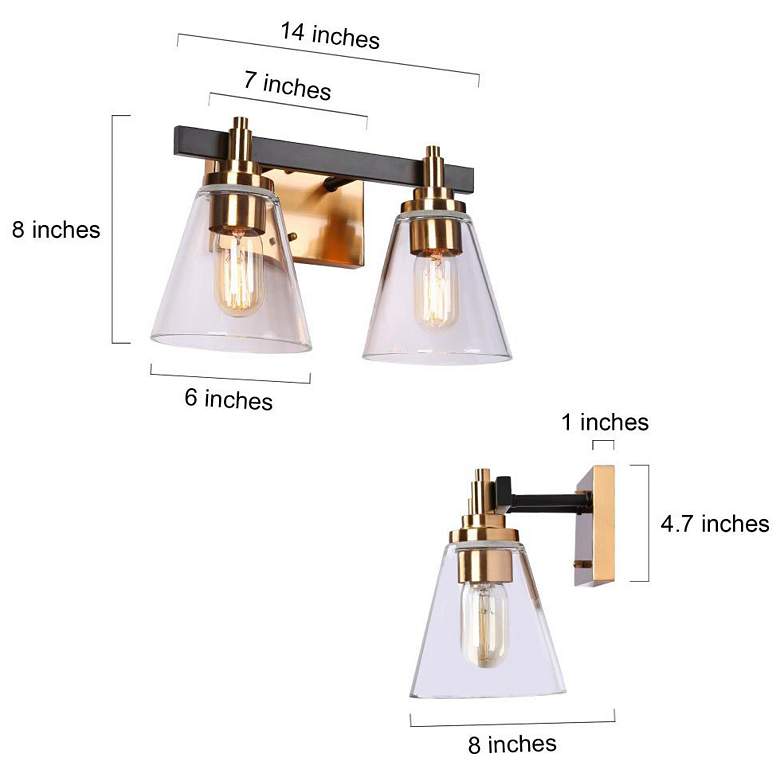 Image 2 2-Light Brass Gold Bathroom Vanity Light with Cone Clear Glass more views