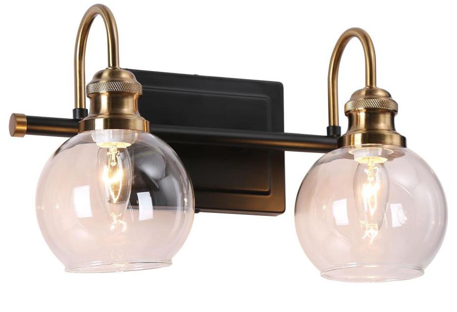 2-Light Brass Gold Bathroom Vanity Light with Globe Clear Glass