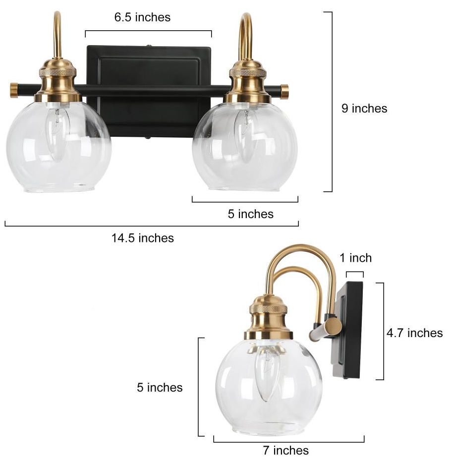 Image 2 2-Light Brass Gold Bathroom Vanity Light with Globe Clear Glass more views