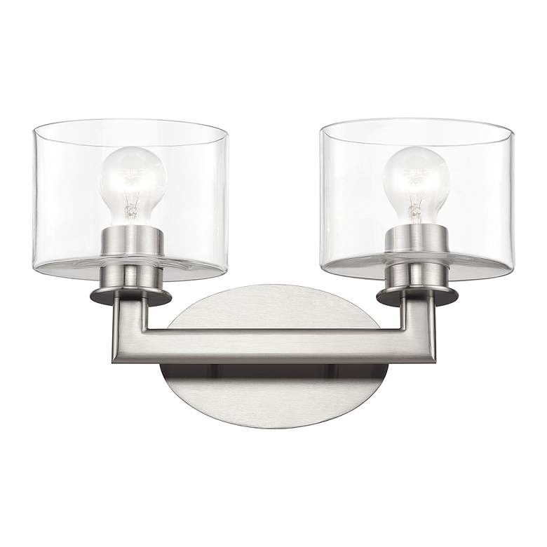 Image 3 2 Light Brushed Nickel Vanity Sconce with Mouth Blown Clear Glass more views