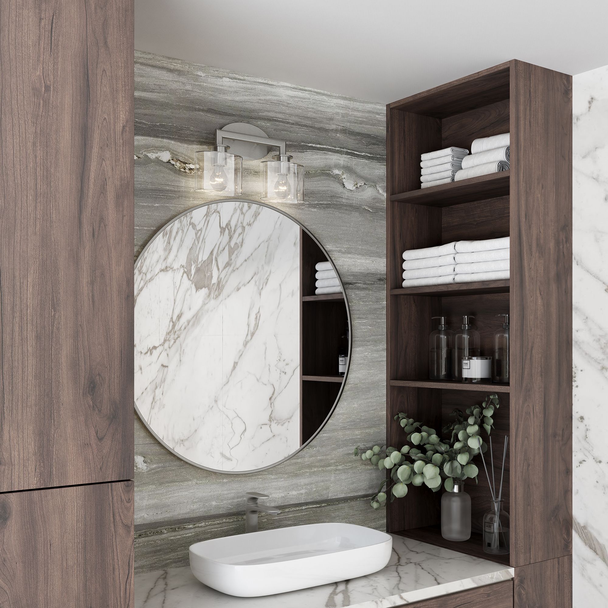 2 Light Brushed Nickel Vanity Sconce with Mouth Blown Clear Glass