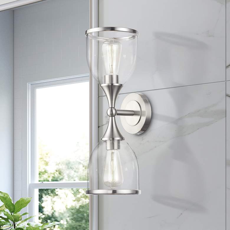 Image 1 2 Light Brushed Nickel Vanity Sconce with Mouth Blown Clear Glass