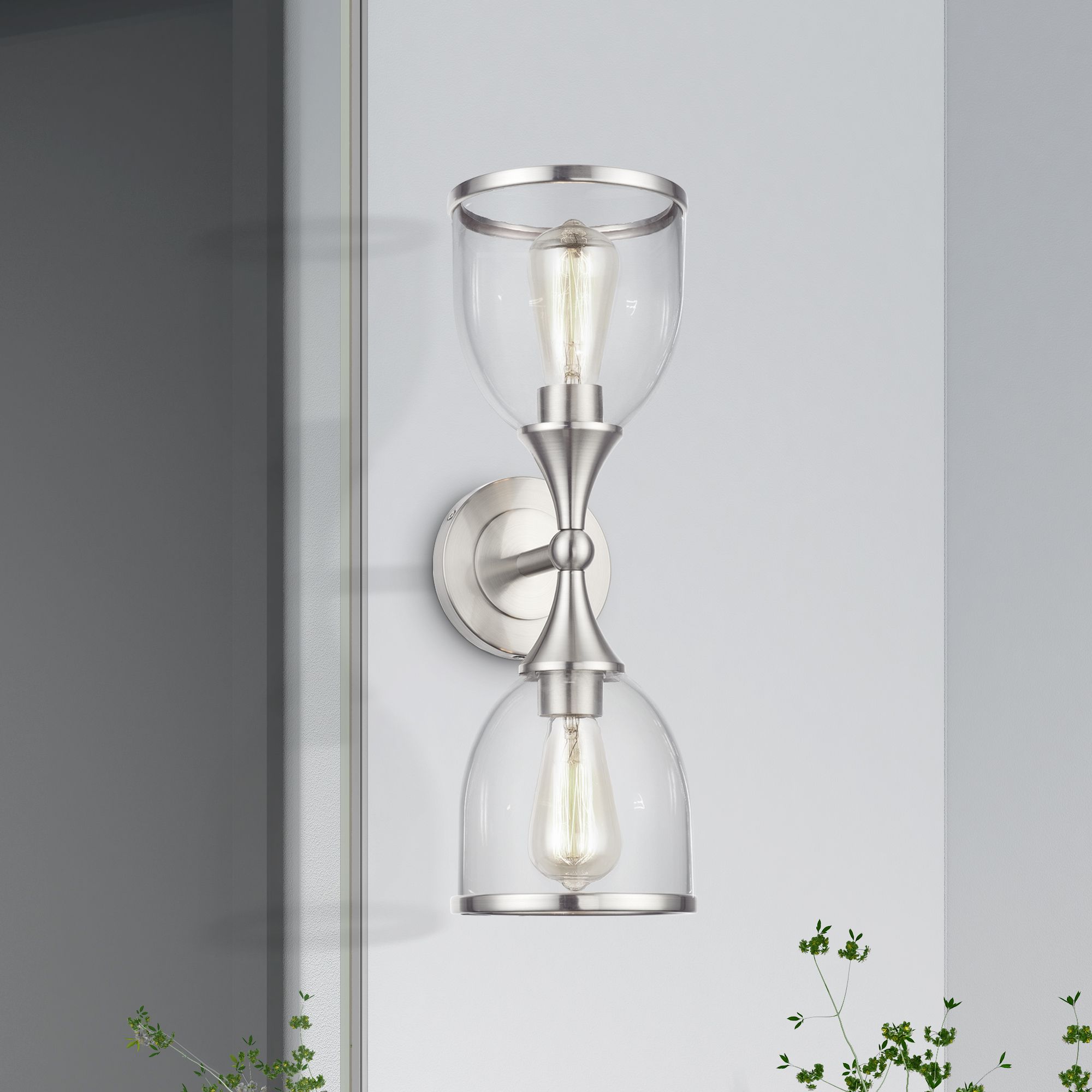 2 Light Brushed Nickel Vanity Sconce with Mouth Blown Clear Glass