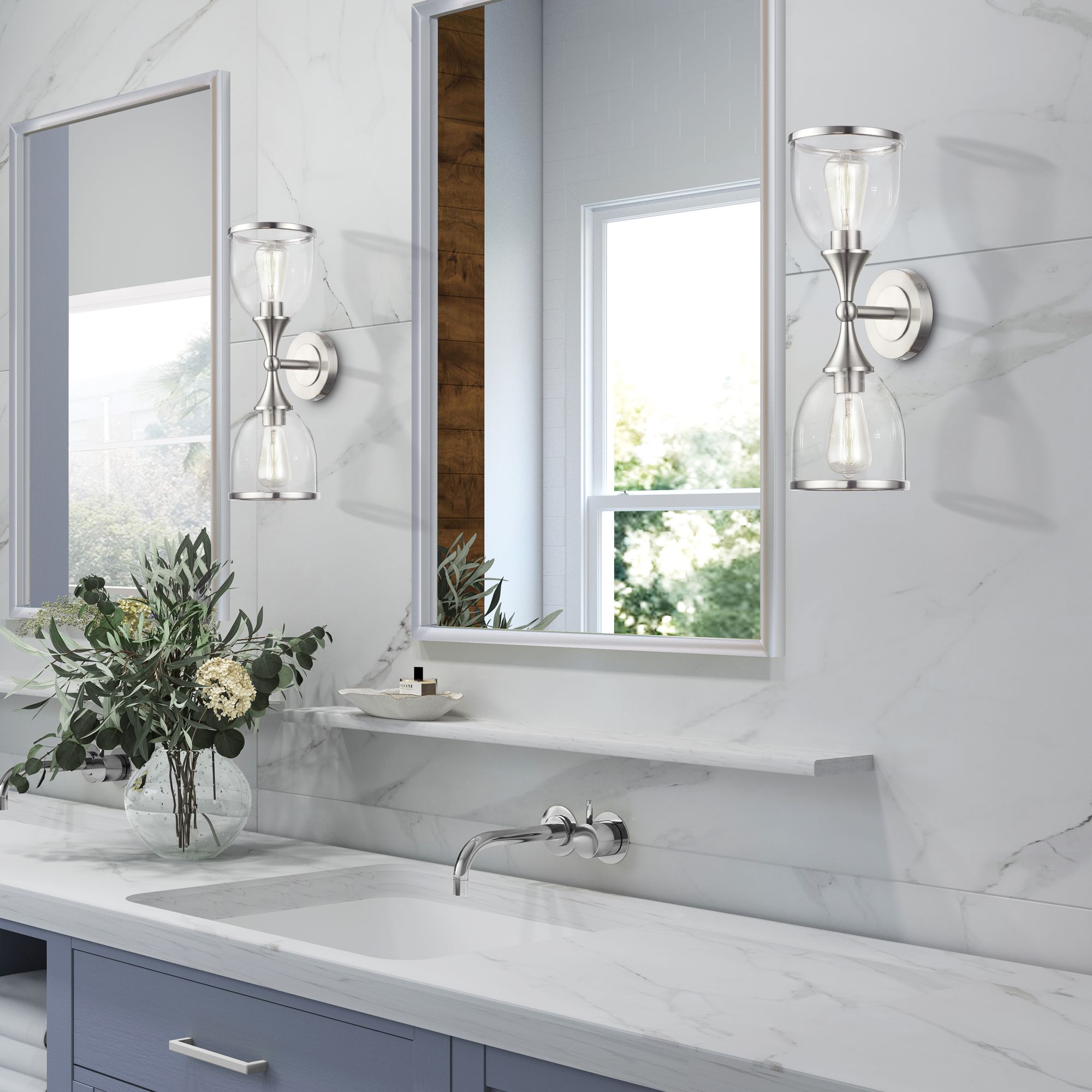 2 Light Brushed Nickel Vanity Sconce with Mouth Blown Clear Glass