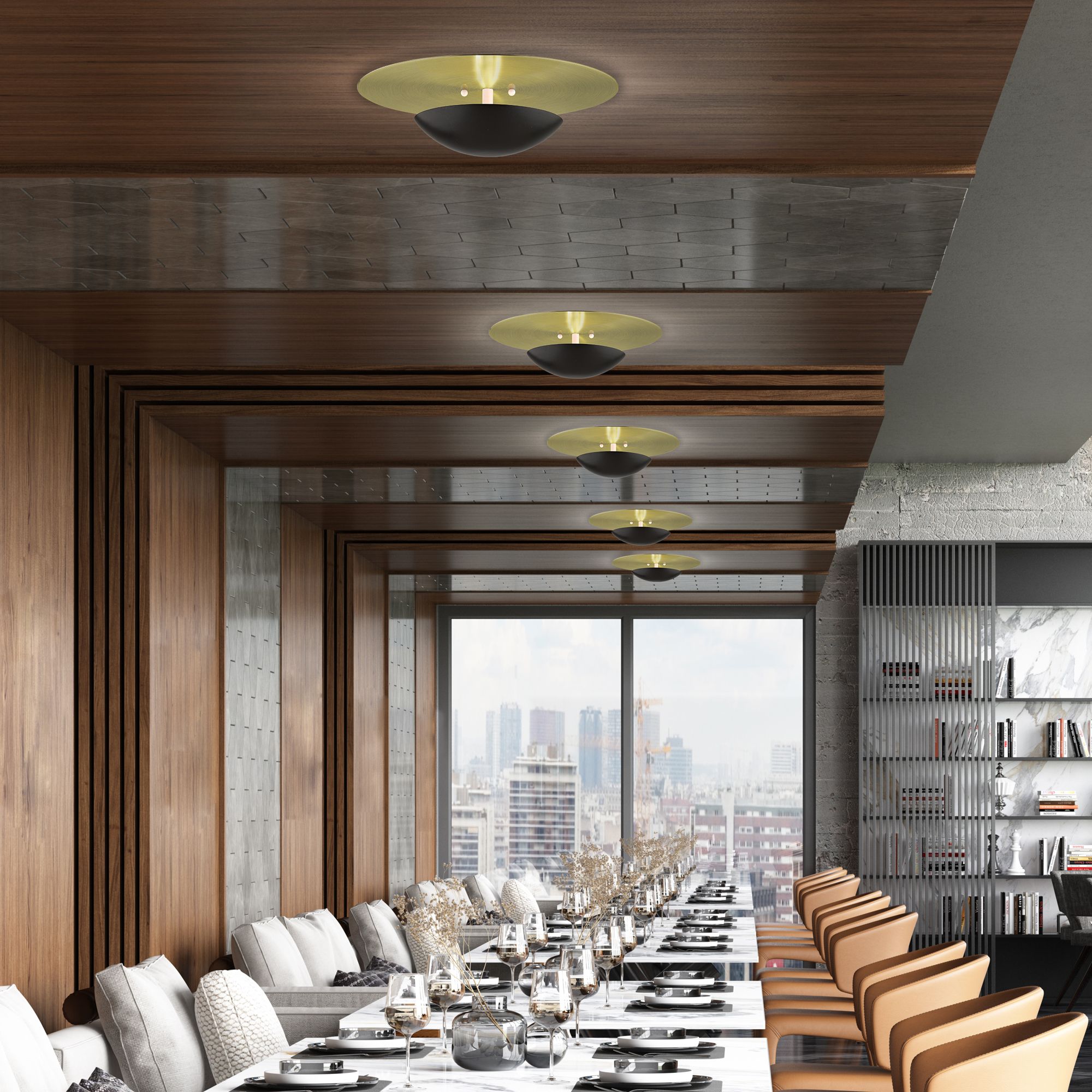 2 Light English Bronze Large Semi-Flush with Antique Brass Backplate