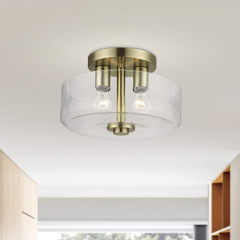 Image 1 2 Light Medium Semi-Flush with Mouth Blown Clear Glass
