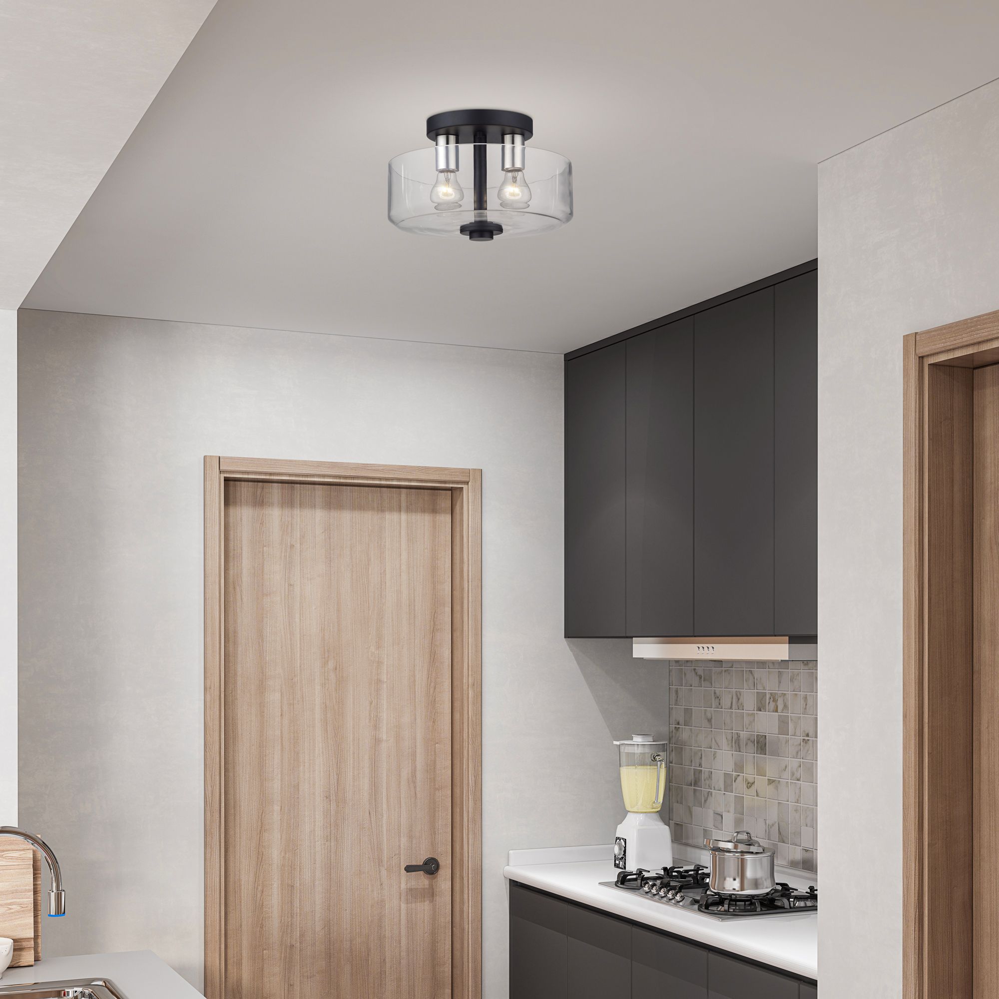 2 Light Medium Semi-Flush with Mouth Blown Clear Glass