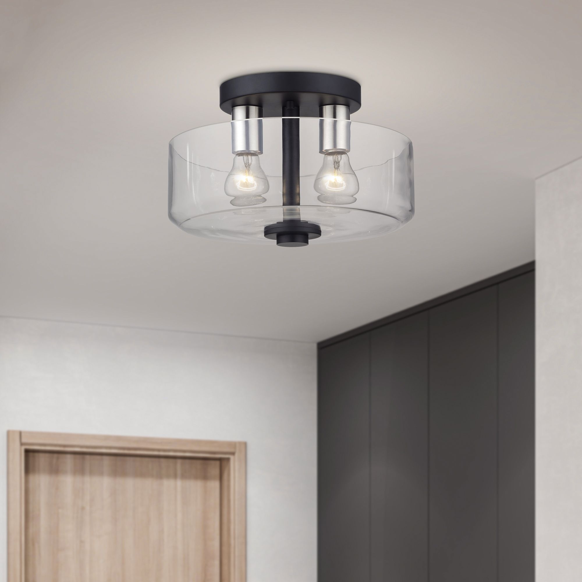 2 Light Medium Semi-Flush with Mouth Blown Clear Glass