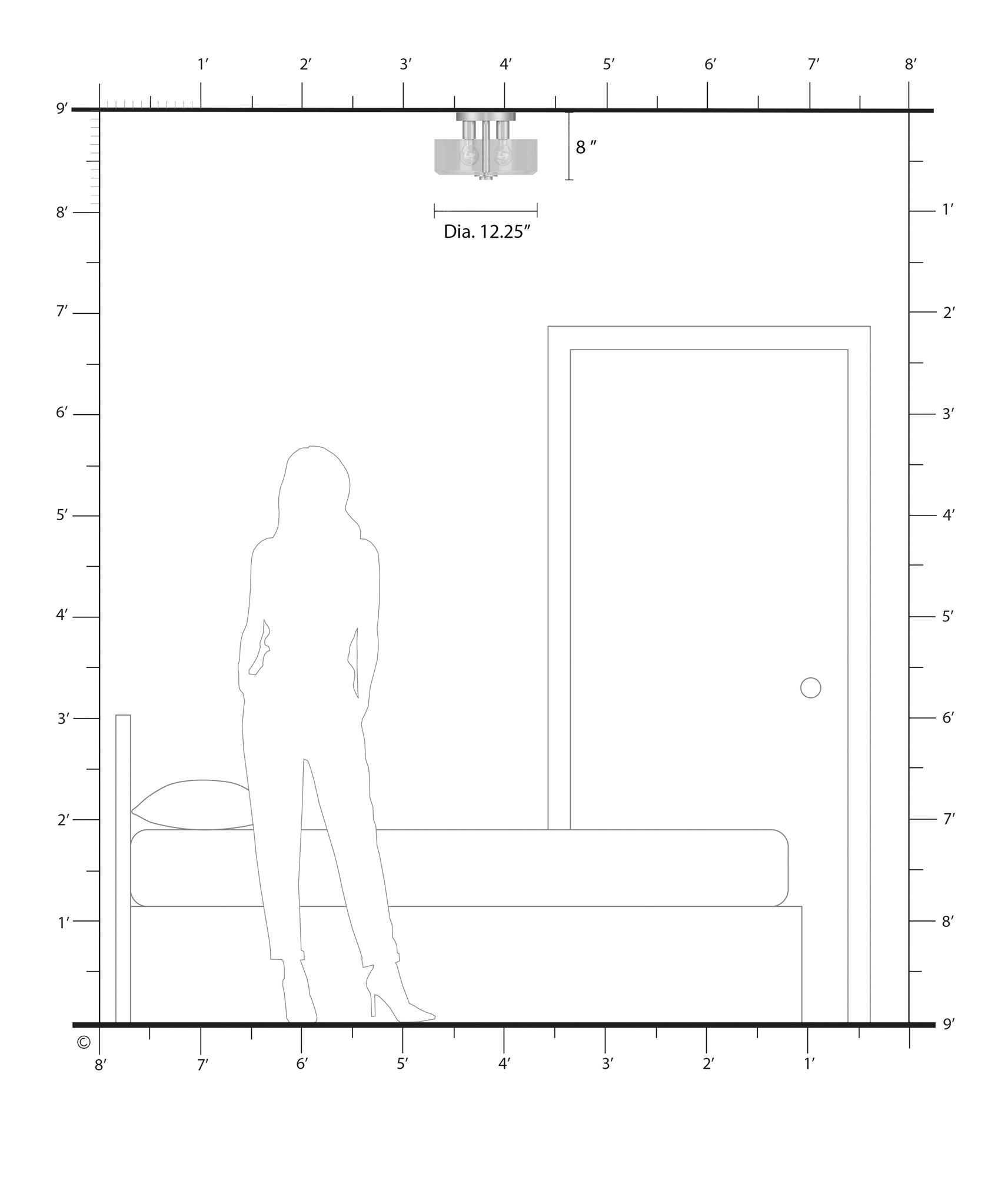 2 Light Medium Semi-Flush with Mouth Blown Clear Glass