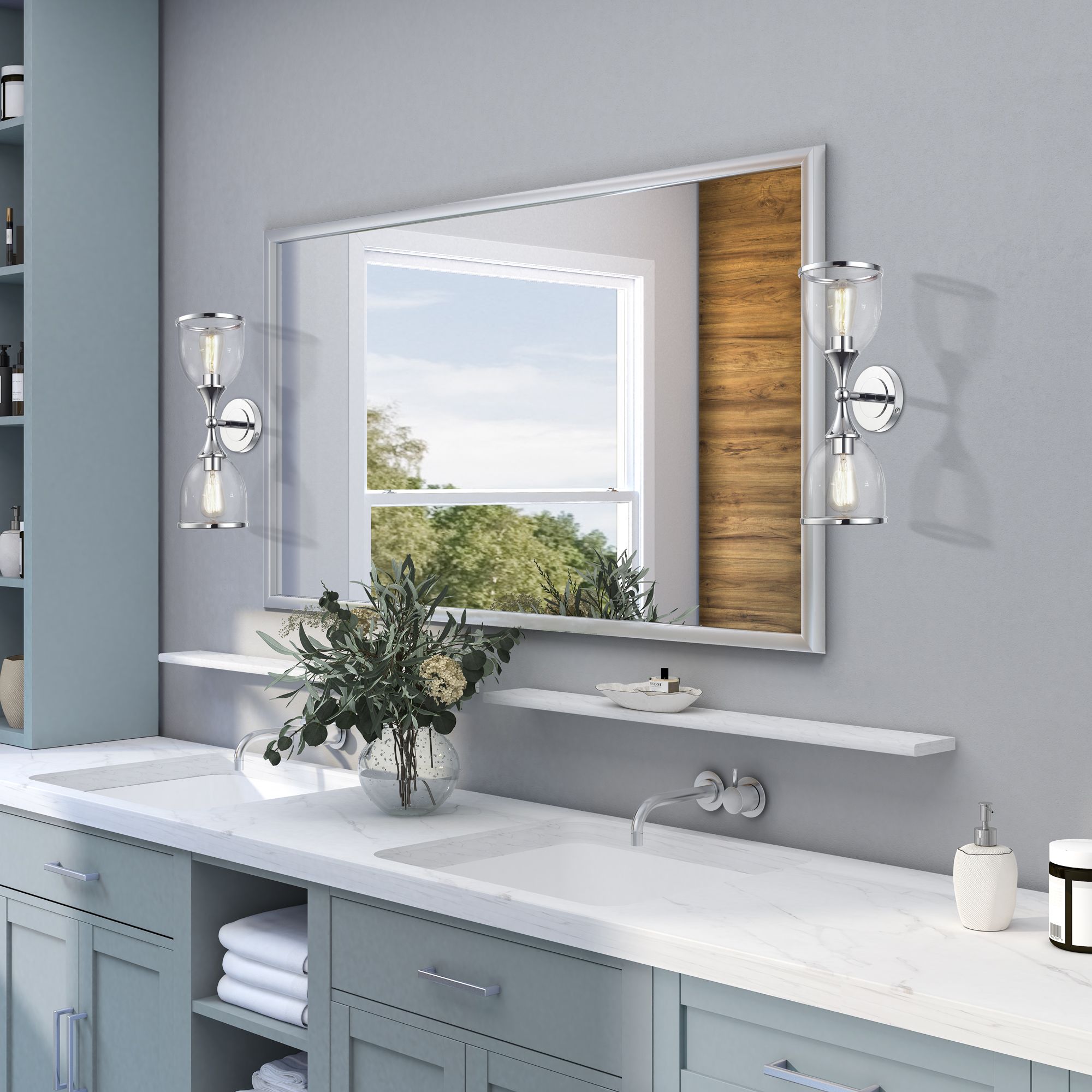 2 Light Polished Chrome Vanity Sconce with Mouth Blown Clear Glass