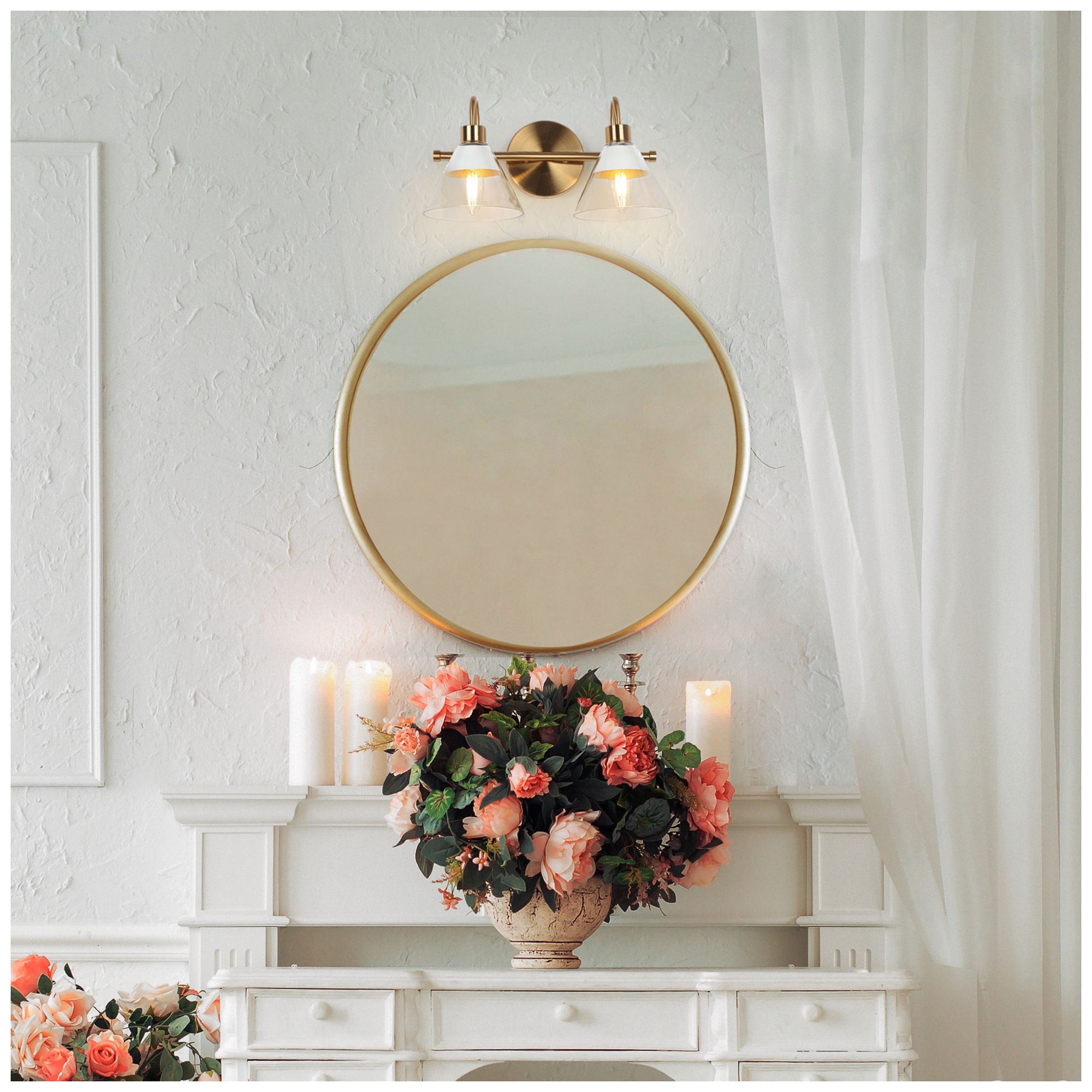 2-Lights 13.8"W Tapered White and Plated Copper Wall Lamp