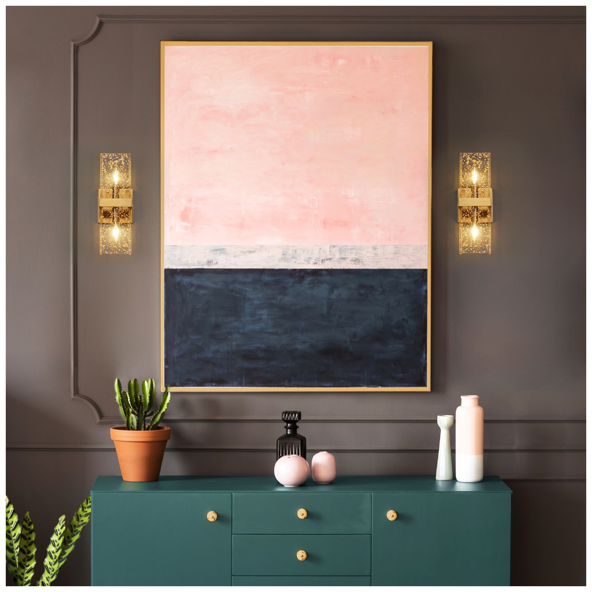 2-Lights 14.2"H Rectangle Brass Wall Lamp