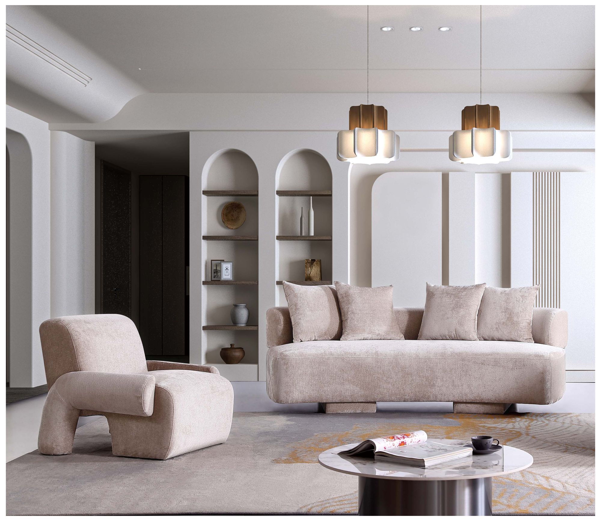 Image 2 2- Piece Modern Verandah Chenille 90.6" Sofa and Accent Chair in Beige more views