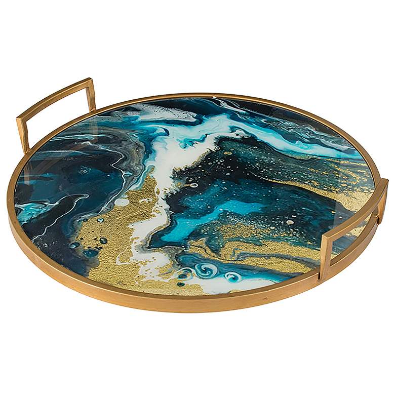 Image 1 20.1" Wide Blue And Gold Abstract Round Mirrored Tray