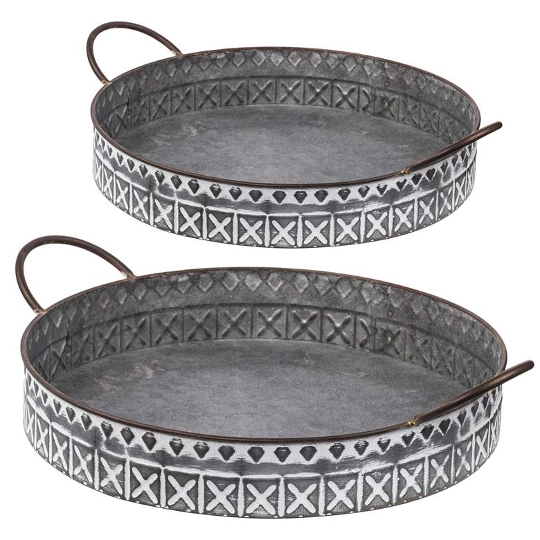Image 1 20" Gray & White Round Trays with Handles - Set of 2