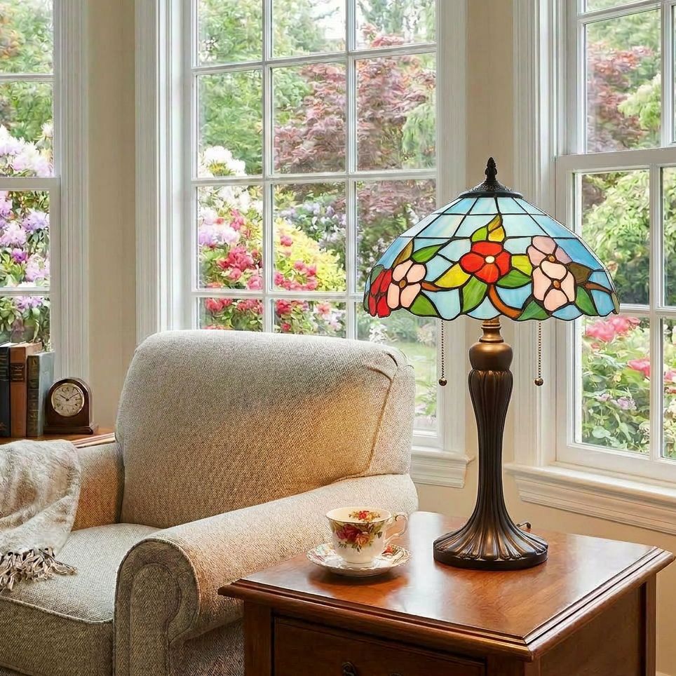 Robert Louis Tiffany Hudson 23.5"H Art Glass Flower 2-Light Table Lamp in scene